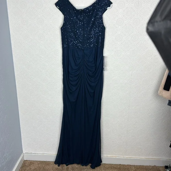 NWT Azazie Helen Mother Of The Bride Dark Navy Blue Maxi Dress Sequin Vneck - Picture 9 of 9